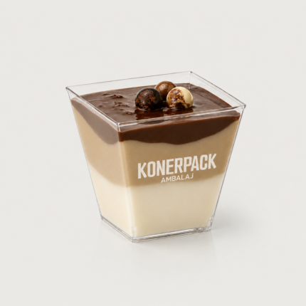 DIAMOND 200 cc kare mini plastik tatlı kasesi, gıda ile temasa uygun şeffaf plastik tatlı kasesi, mousse, cheesecake ve premium mini tatlı sunumları için.